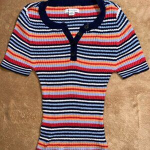 American Eagle Women Small Stripe Short Sleeve 4 Button Knitted Sweater Top (R)‎